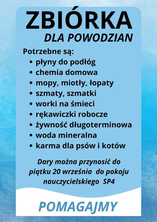 Plakat - zbiórka darów dla powodzian