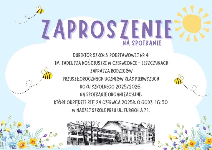 Zaproszenie na spotkanie dla rodziców pierwszoklasistów w roku szkolnym 2025-26